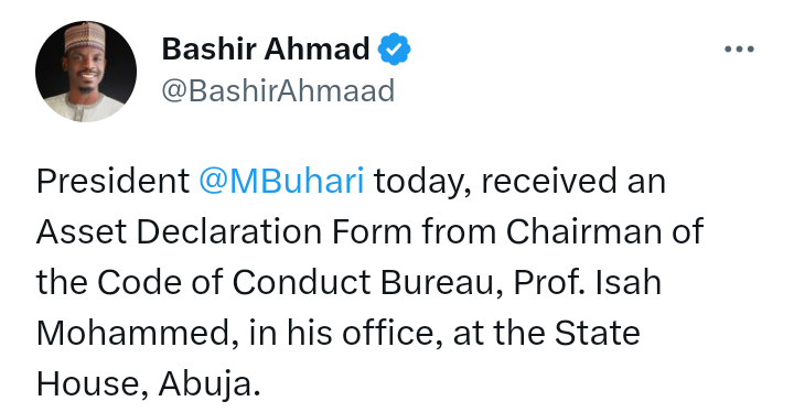 President Muhammadu Buhari receives Asset Declaration Form from Chairman of Code of Conduct Bureau (CCB), Prof. Isah Mohammed at the State House, Abuja on Friday 26 May, 2023