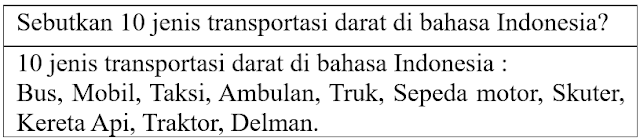 Sebutkan 10 jenis transportasi darat di bahasa Indonesia dan contoh kalimatnya!
