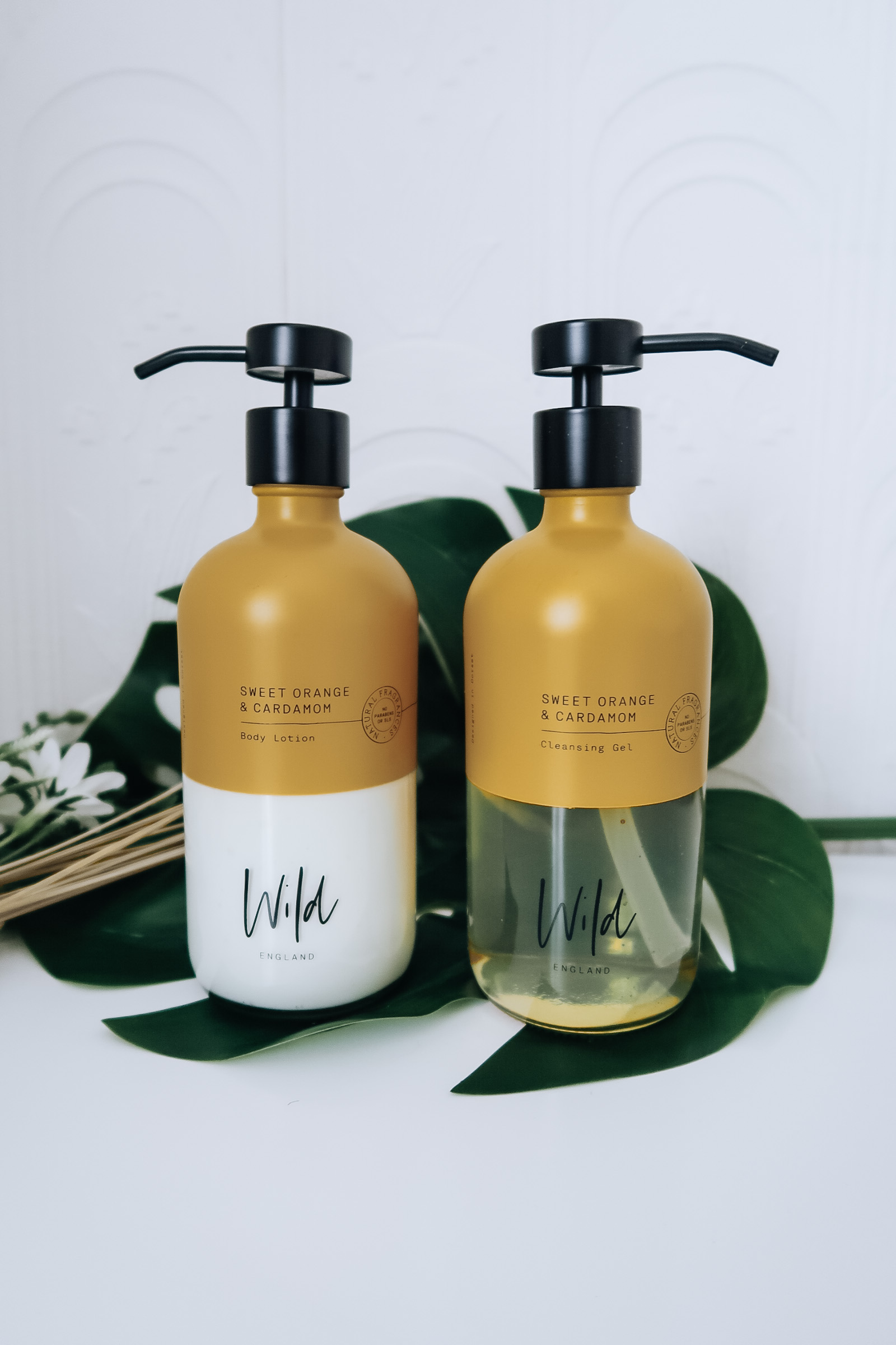 Wild England Cleansing Gel and Body Lotion bottles.