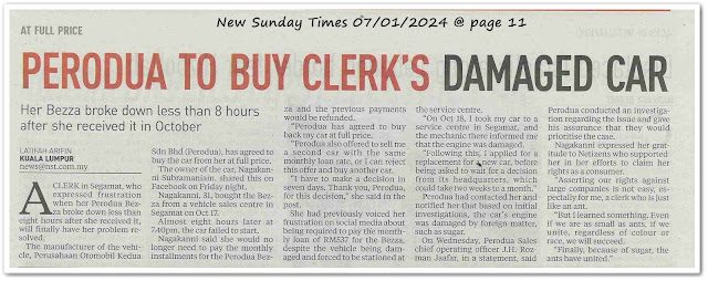 Perodua to buy clerk's damaged car | Keratan akhbar New Sunday Times 7 January 2024