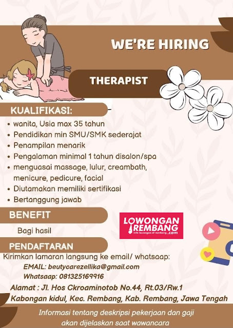 Lowongan Kerja Pegawai Therapist Zellika Beauty Care Rembang