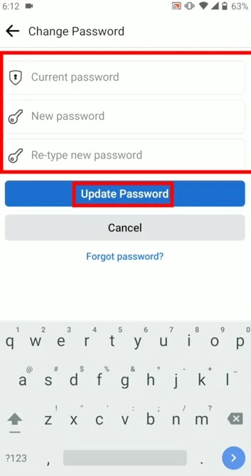 Facebook app new password