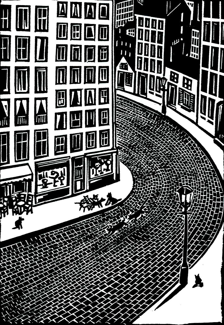 Frans Masereel art, dogs running in the street