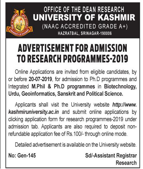 University of Kashmir advertisement for admission to research programmes 2019