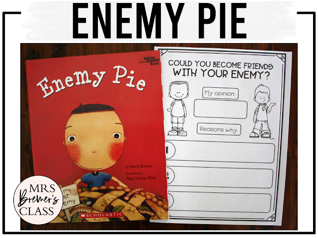 Enemy Pie book activities unit with literacy printables, reading comprehension companion worksheets, lesson ideas, and a craft for First Grade and Second Grade