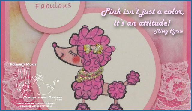 Picture of portion of my handmade pink poodle card with a Miley Cyrus quote.