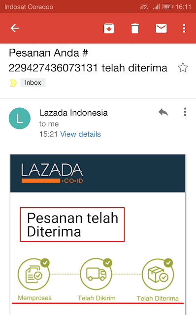 email dari lazada yang memberitahukan barang telah sampai