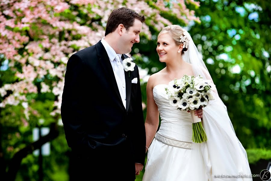 anemones with Emily's white dress and Patrick's black and white tux