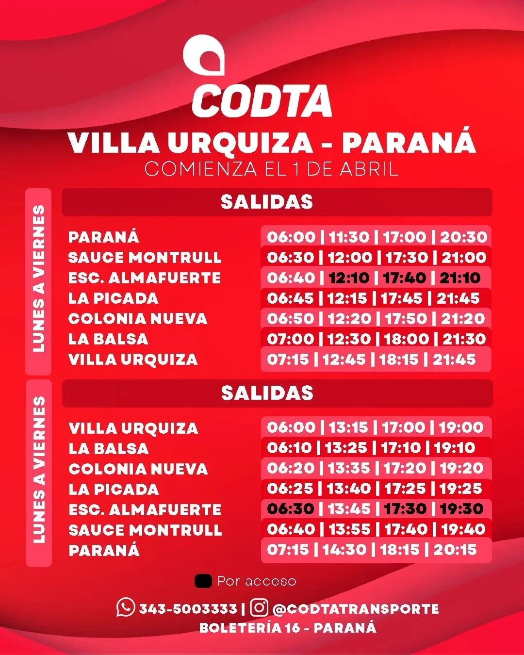 Horarios Codta Villa Urquiza Parana