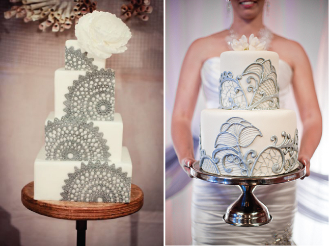 Silver lace add these plain white cakes a touch of shine and a more modern