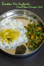 Sorakkai Mor Kuzhambu & French beans paruppu usili, bottlegourd buttermilk curry and Beans dal stir fry