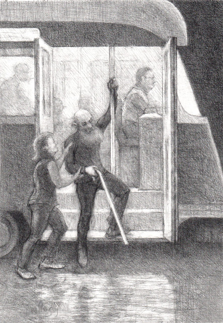 Pencil drawing of elderly bearded man with white cane being helped off of an old fashioned Boston trolley car.
