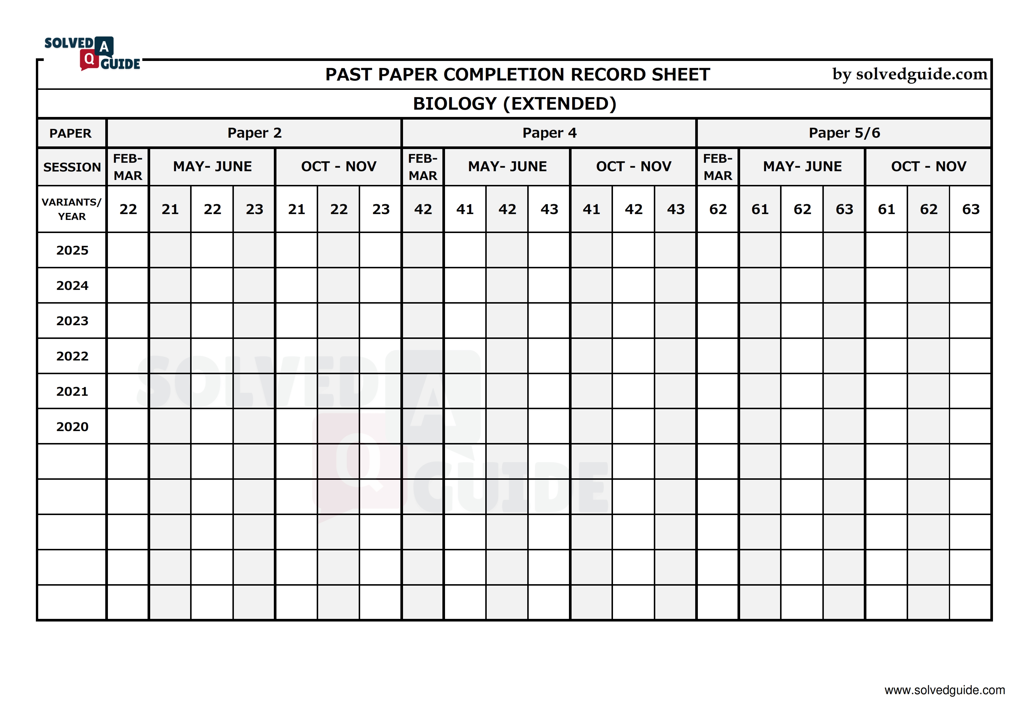 Biology Extended Past Paper Completion Record Sheet
