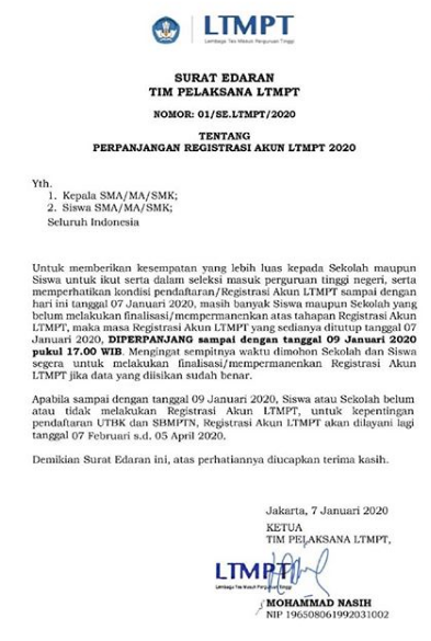 Perpanjangan Registrasi Akun LTMPT 2020