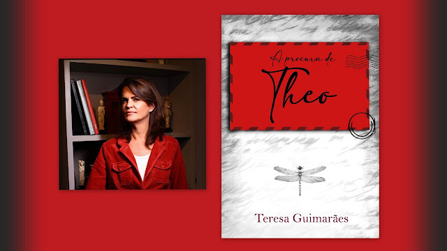 Autora Teresa Guimarães e capa do livro "A procura de Theo".