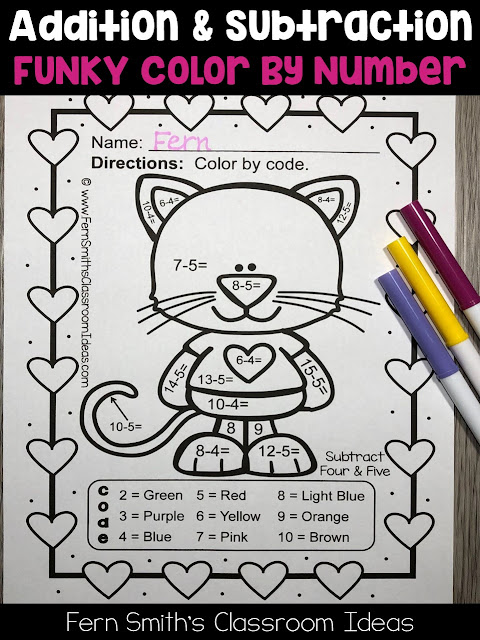 You will love the no prep, print and go ease of these St. Valentine's Day Color By Number Addition, Subtraction, Multiplication, and Division FUNKY Valentines Themed Printables. This FUNKY St. Valentine's Day Color By Number Addition, Subtraction, Multiplication, and Division Printables include 20 pages for introducing or reviewing addition, subtraction, multiplication, and division. This bundle is perfect for differentiation in ESOL, ESL, Home Schooling and Special Education Classes.