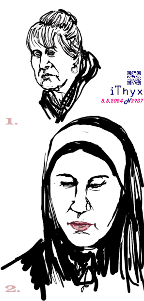 Два рисунка женщин: 1. Задумчивая женщина, с уложенными светлыми волосами и чёлкой; 2. Девущка с вишневыми губами и белой банданой в тёмных волосах, одетая в чёрное. Автор рисунка: художник #iThyx