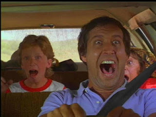 Chevy Chase Vacation yelling at family in car station wagon screaming intense 