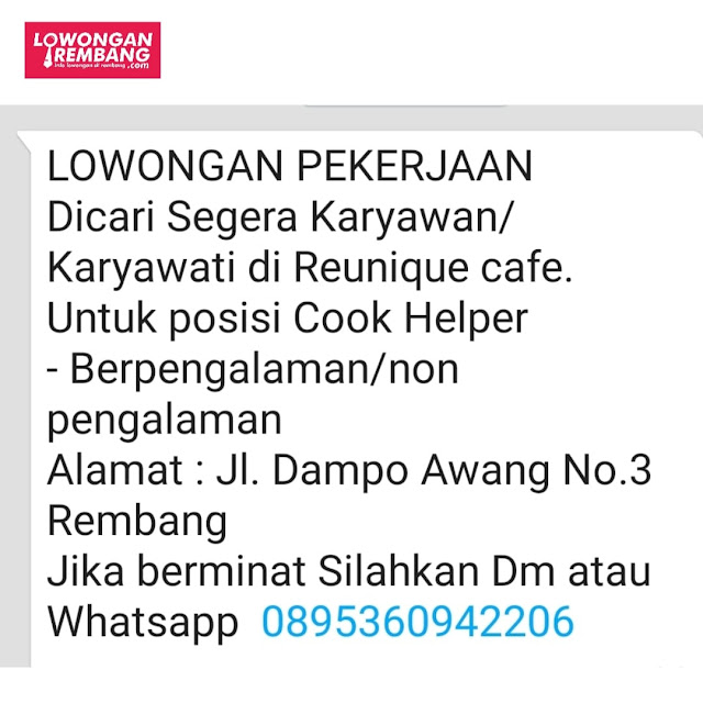 Lowongan Kerja Cook Helper Reunique Cafe Rembang Tanpa Syarat Pendidikan