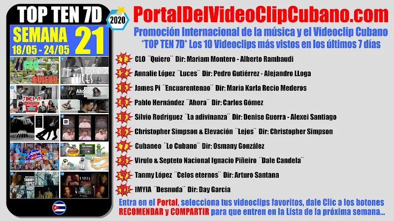 Artistas ganadores del * TOP TEN 7D * con los 10 Videoclips más vistos en la semana 21 (18/05 a 24/05 de 2020) en el Portal Del Vídeo Clip Cubano