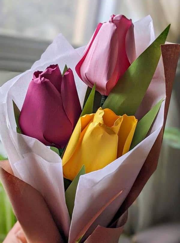 three hand-carved paper tulips bouquet