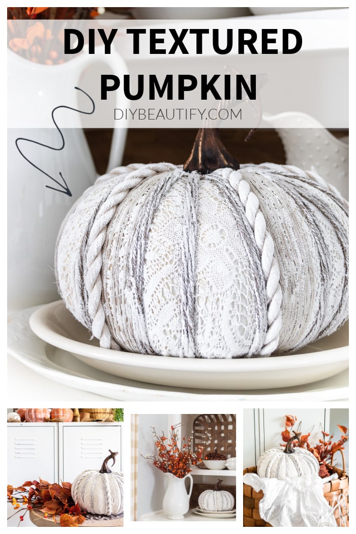 textured white pumpkin with lace, rope and twine