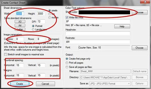 Set the contact sheet width and height, columns, rows and spacing, sheet color, then click the Create button.