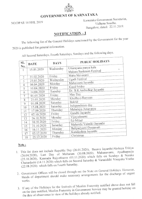 2020 Calendar Karnataka Government Holidays