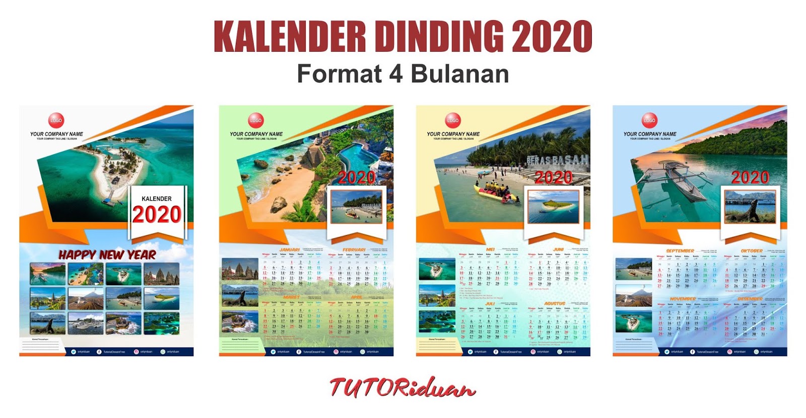  Desain  Kalender  Dinding  2021 Format 4 Bulanan dengan 