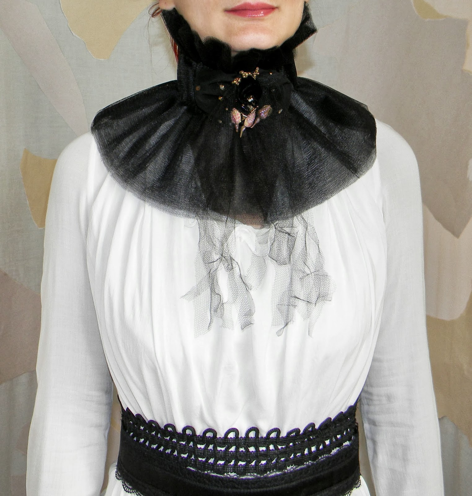 Edwardian Victorian Ruffled Jabot Choker High Black Neck Corset Tulle Layeres