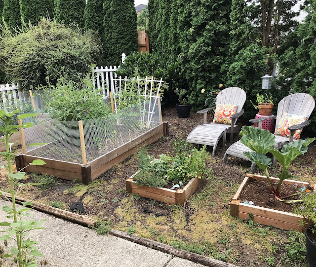 Raised garden beds and chairs