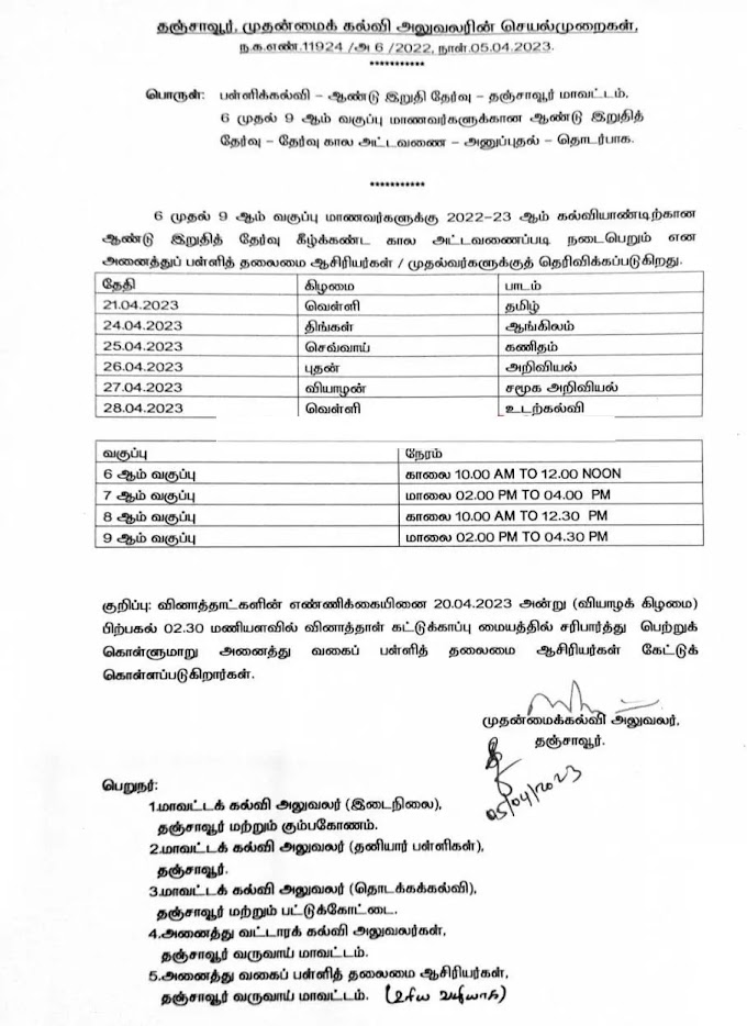 6th to 9th Annual Exam Time Table 2023 - Thanjavur District