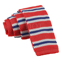 MENS KNITTED RED WITH BLUE AND WHITE THIN STRIPES TIE