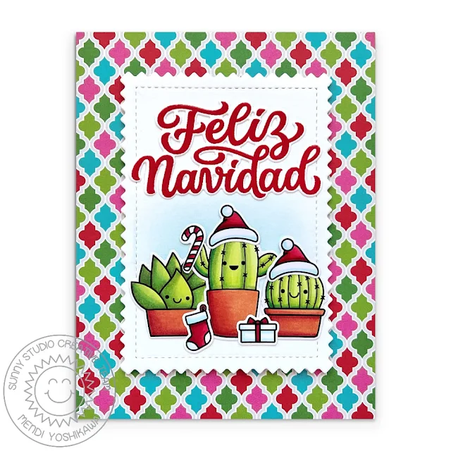 Sunny Studio Cactus Wearing Santa Hat Spanish Christmas Card (using Feliz Navidad, Penguin Party, Looking Sharp Stamps, Mini Mat & Tag 4 Dies & Joyful Holiday Paper)