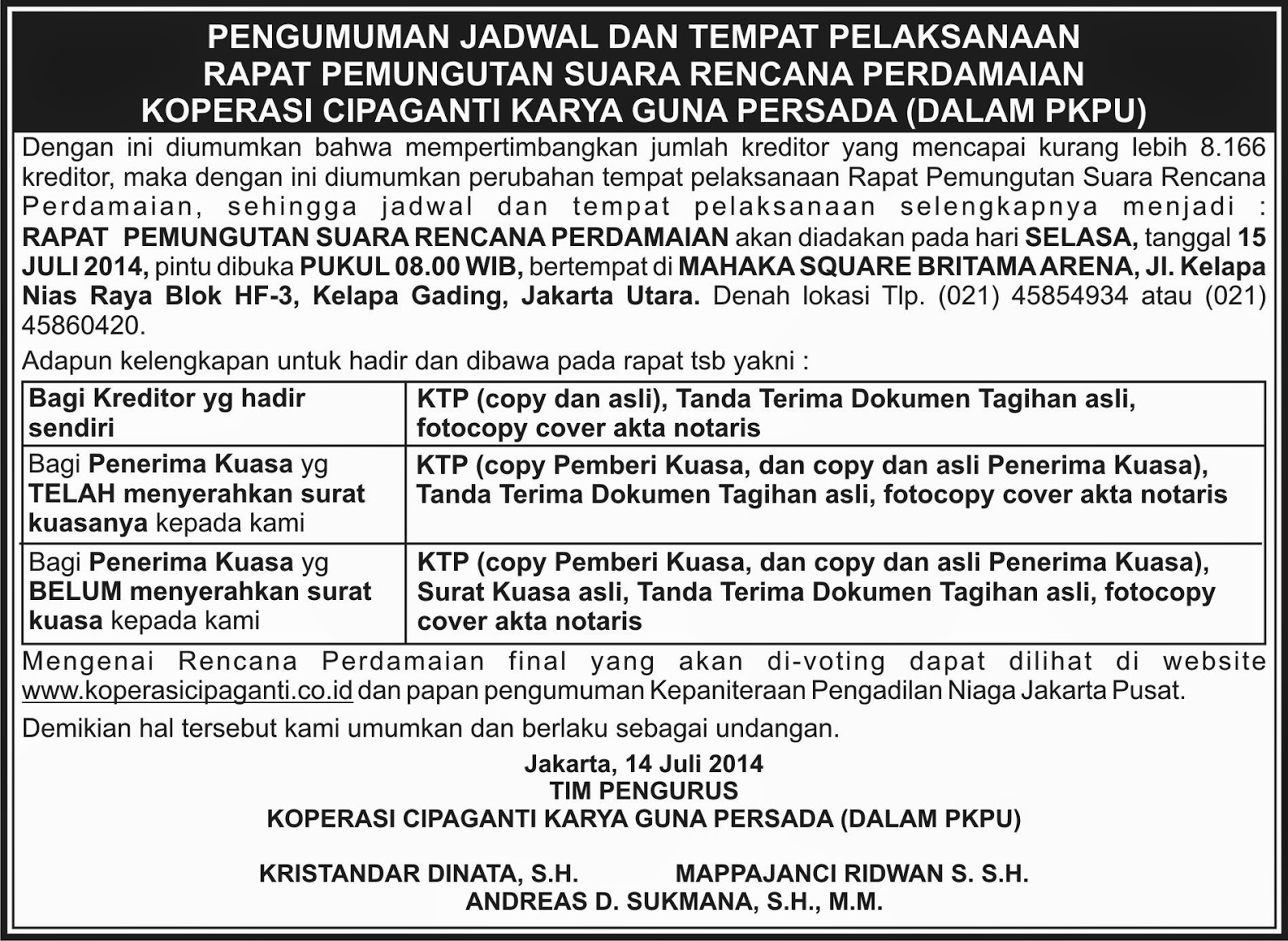 Pengumuman Jadwal dan Tempat Pelaksanaan Rapat Pemungutan 