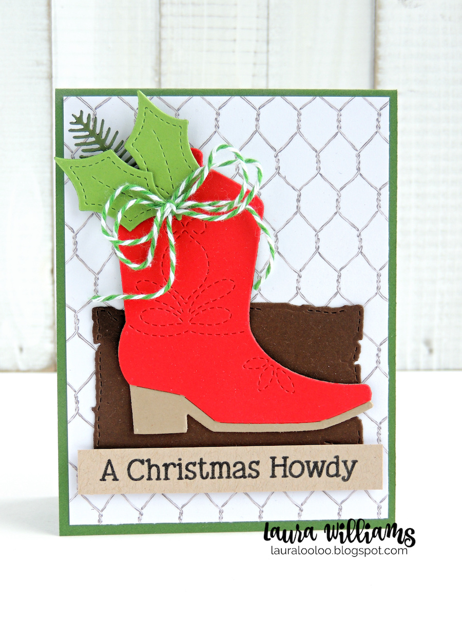 The best part about this new cowboy boot die is that it looks absolutely darling on country Christmas cards and crafts (plus doubles as a tag) but it's also a die you'll use all year long on a variety of cowboy or country themed cards. I LOVE products that are versatile and cute for a variety of occasions! For today's first card, I dressed up the boot with some holiday greenery and added a Christmas sentiment.