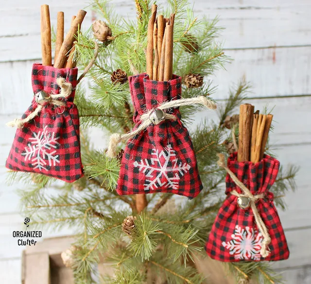 Dollar General Rustic Mini Bag Ornaments #buffalocheck #buffaloplaid #stencil #snowflakes #dollargeneral #ornaments #Christmas