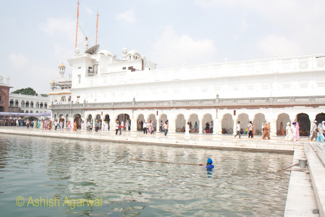 View of volunteer cleaning the sarovar of the Golden Temple while devotees pass by