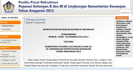 Lowongan CPNS Kementerian Keuangan(Depkeu) 2012  Surat 