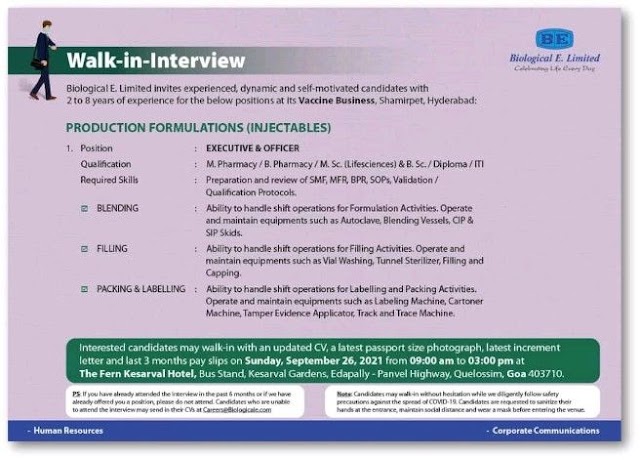 Biological E | Walk-in interview for Production (Injectables) on 26th Sept 2021