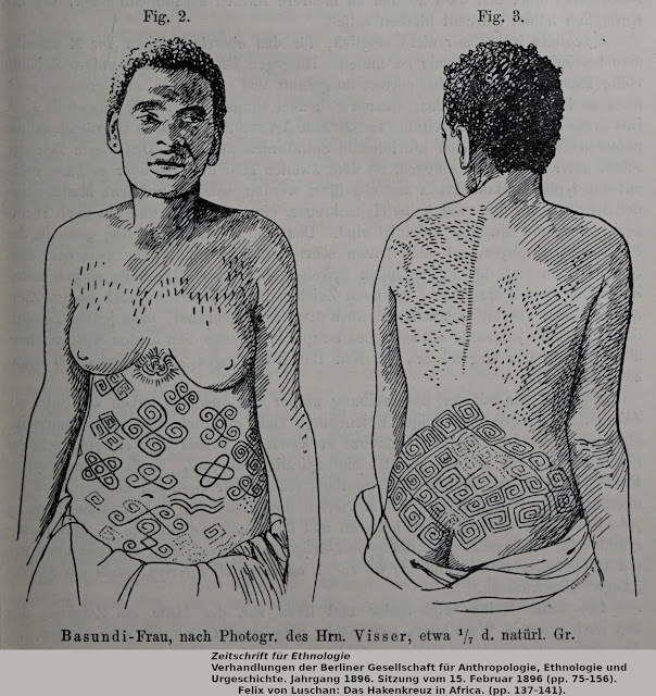 Basundi (Sundi) woman, showing scarification art with swastikas and other designs.