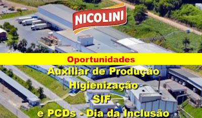 Frigorífico Nicolini abre vagas para Auxiliar de Produção, SIF, Higienização e PCDs