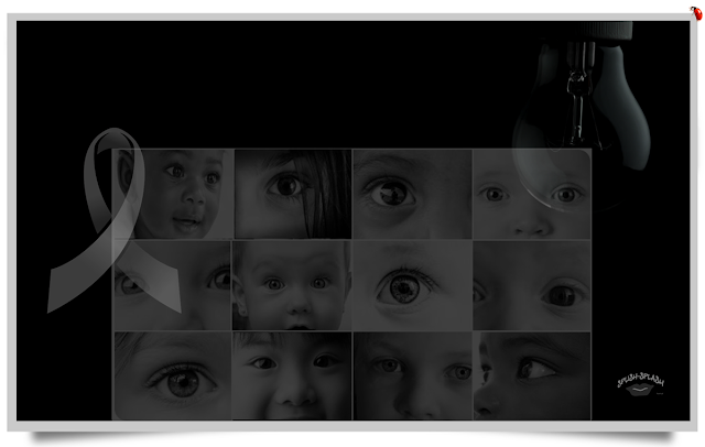Fotocomposição: ao centro, um quadro com os olhos de várias crianças, tendo dependurado do lado esqudro uma fita simbolizando o cancro. Por cima, do lado direito, uma lampada apagada. Tudo a preto e branco fosco com fundo a negro.