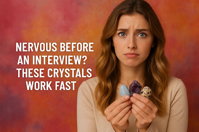 A gorgeous young woman holding calming crystals, surrounded by vibrant colors, symbolizing relief from interview anxiety and boosting inner confidence.