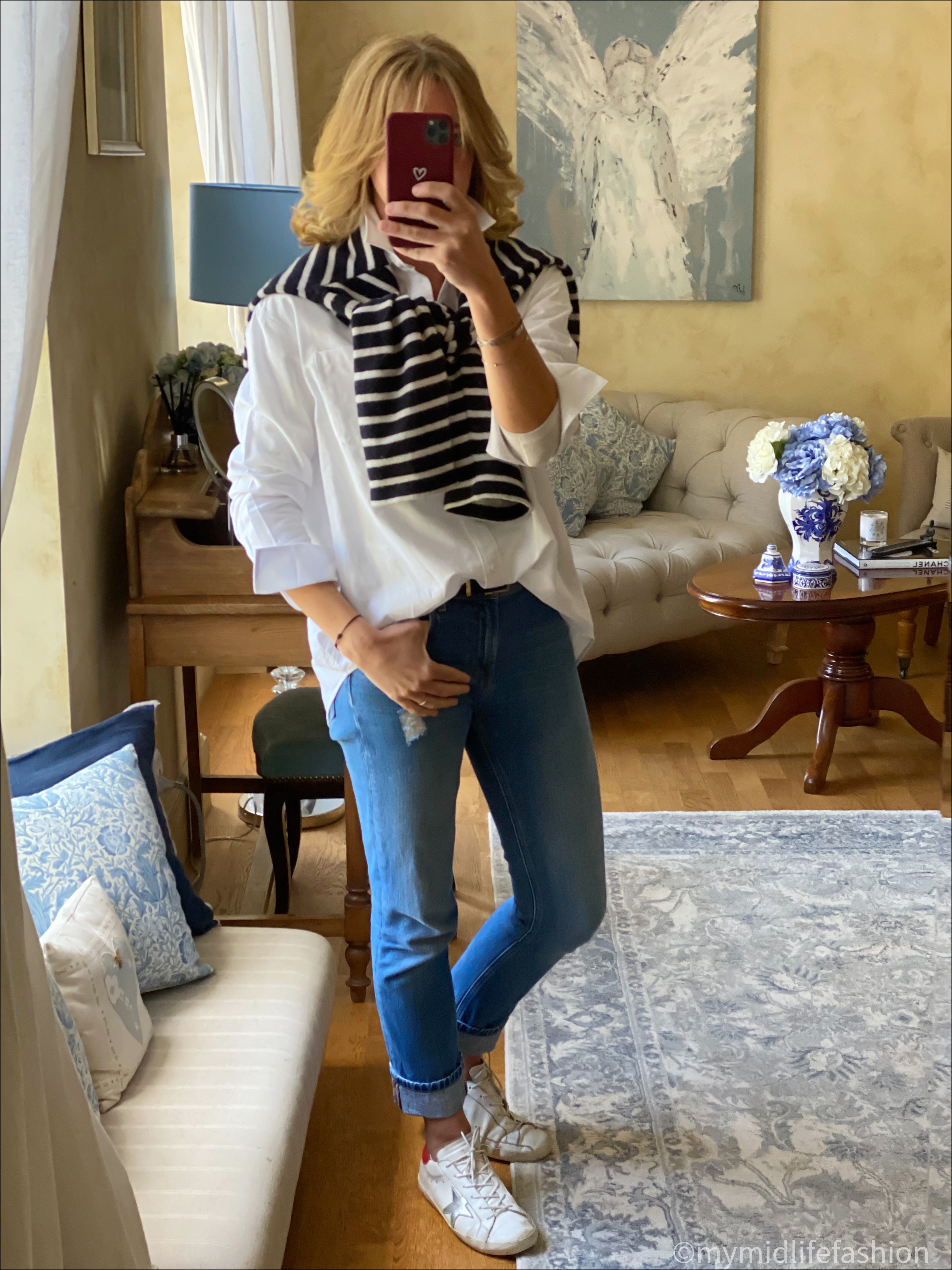 my midlife fashion, saint James Breton jumper, and other stories oversized white shirt, no 44 boyfriend jean, golden goose superstar low top leather trainers