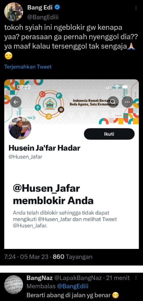 Bang Edi juragan emas akun twitternya diblokir oleh Habib Husein Ja Bang Edi: Tokoh Syiah ini ngeblokir gw kenapa yaa? Netizen: Berarti Abang di jalan yang benar