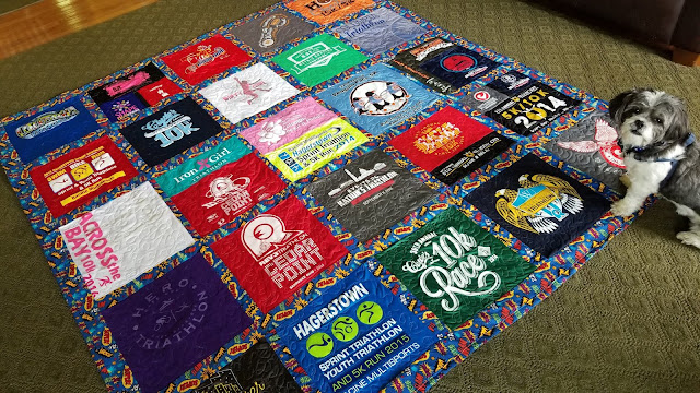 Front of the quilt showing the quilting designs. And the dog. Again.