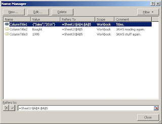 Name Manager dialog box, shows three title assignments with the first ColumnTitle1 assignment spanning two rows.