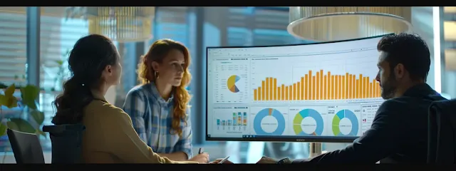 Employees analyzing customer behavior, purchase patterns, and market trends using a target seller account.
