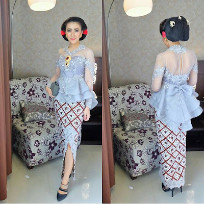 kebaya broklat biru cantik dengan rok motif batik panjang